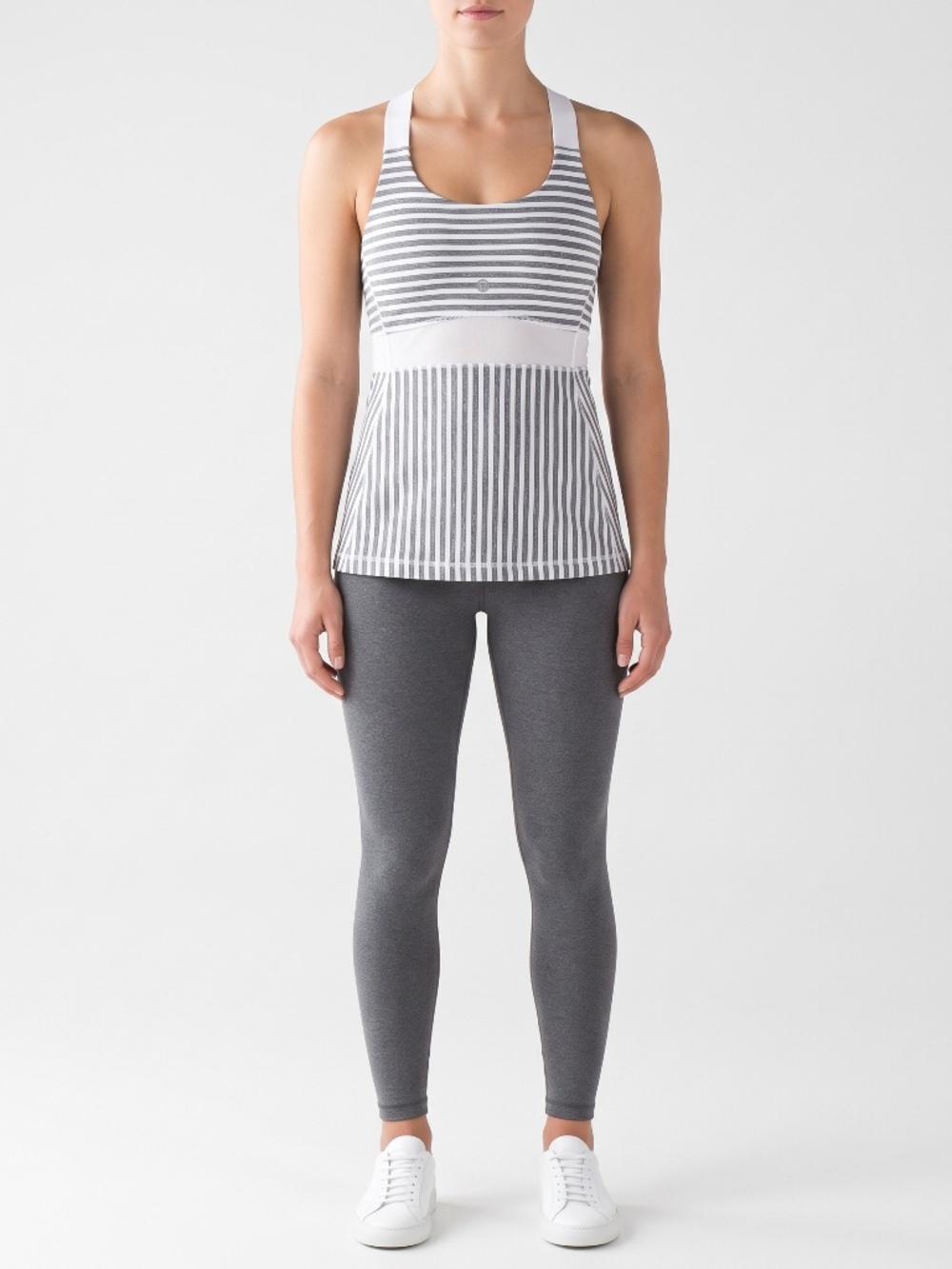 Lululemon Womens Size 8 Grey White Striped Built In Bra Tank Top Cross Back